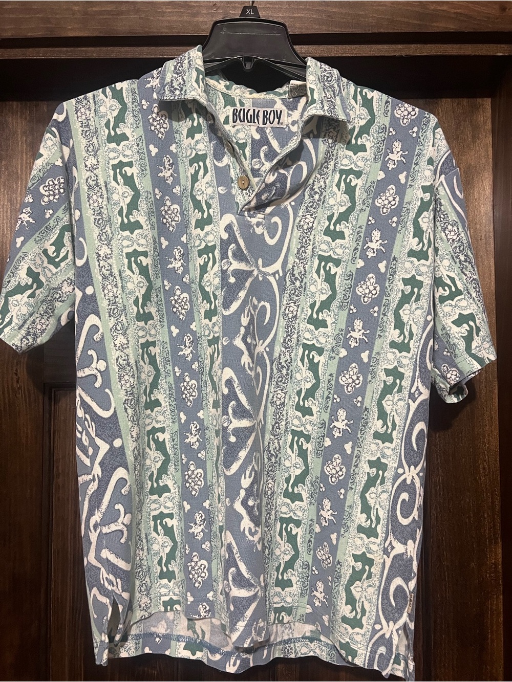 Vintage Bugle Boy Men's Blue & Green Patterned Short Sleeve Shirt
